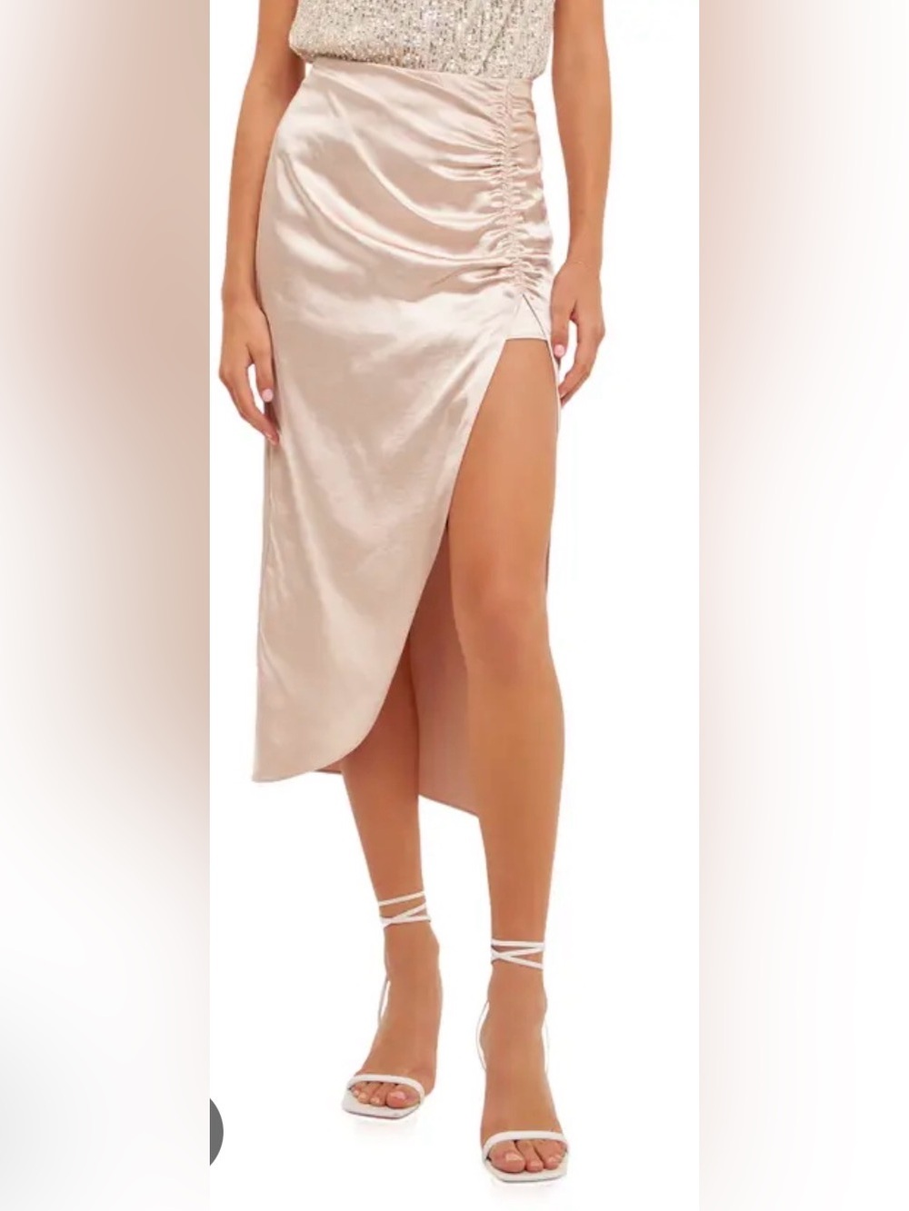 NWT Endless Rose Champagne Satin High-Low Skirt with Side Ruched Slit Size Small